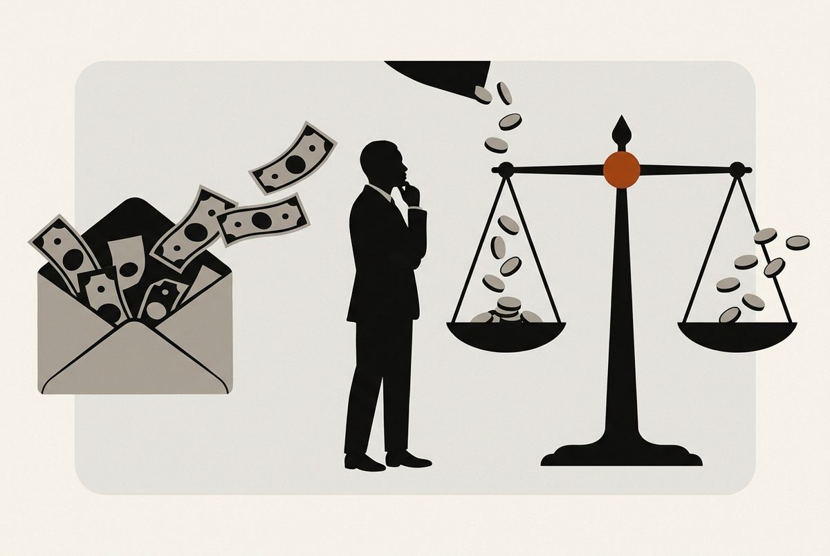 Illustration: an open envelope with banknotes flowing out in one direction, beside a balance scale whose two pans receive and release coins